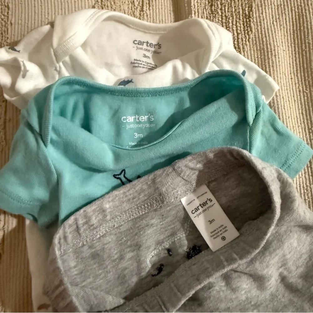 Adorable Shark Baby Outfit Set Blue White Gray patch baby shark Carters 3 month
